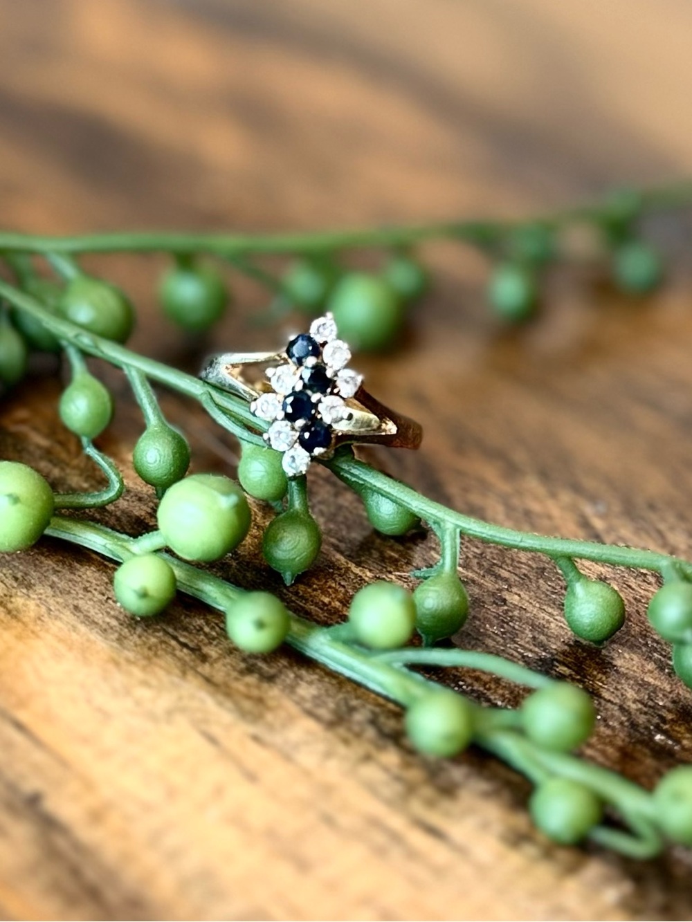 Vintage Stamped Real Sapphire Gold Cluster Ring - Size 6
